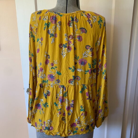 Old Navy Mustard Yellow Floral Puff Sleeve Boho Peasant Blouse XXL Tie Neck - Picture 3 of 6
